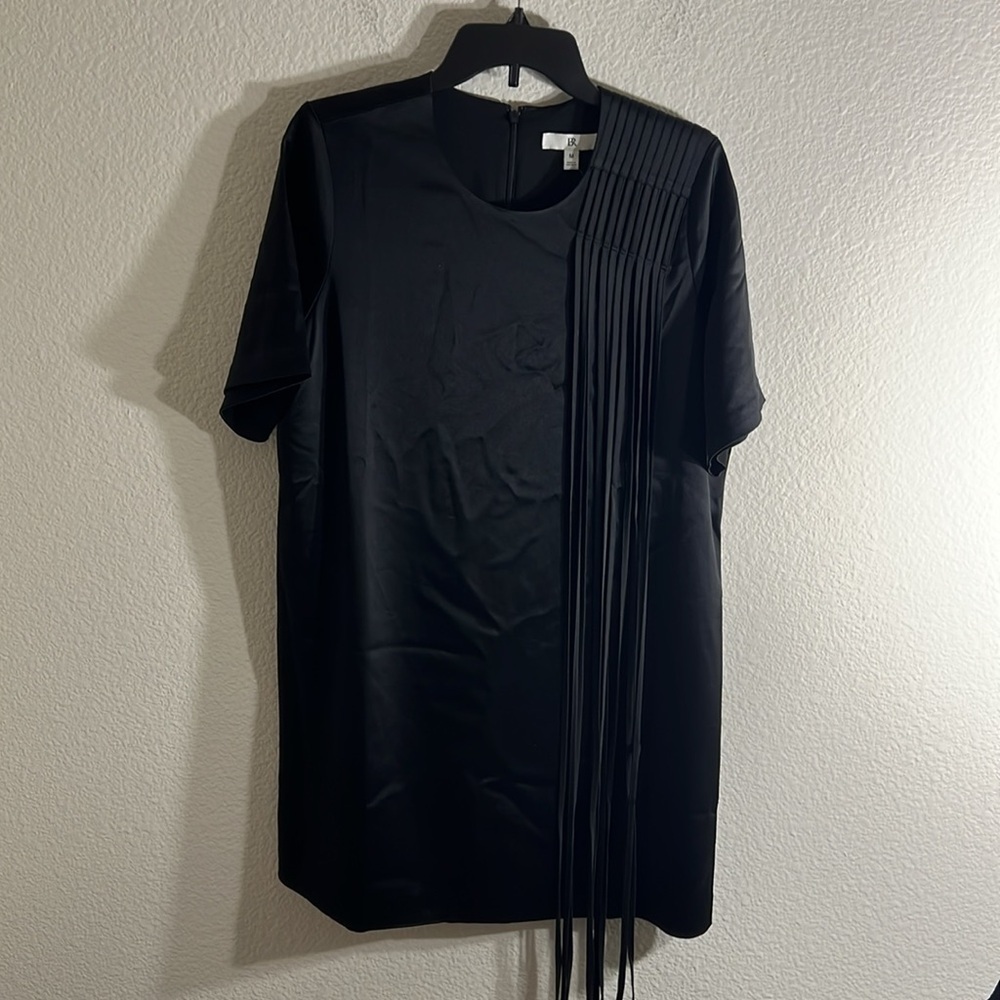 Banana Republic women’s  dress midi Sz M LBD SATIN FRINGE SHIFT - Picture 5 of 12